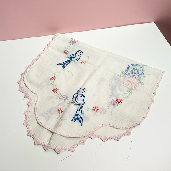 Vintage Other - Vintage pastel cottage core coquette floral bird embroidered table runner
